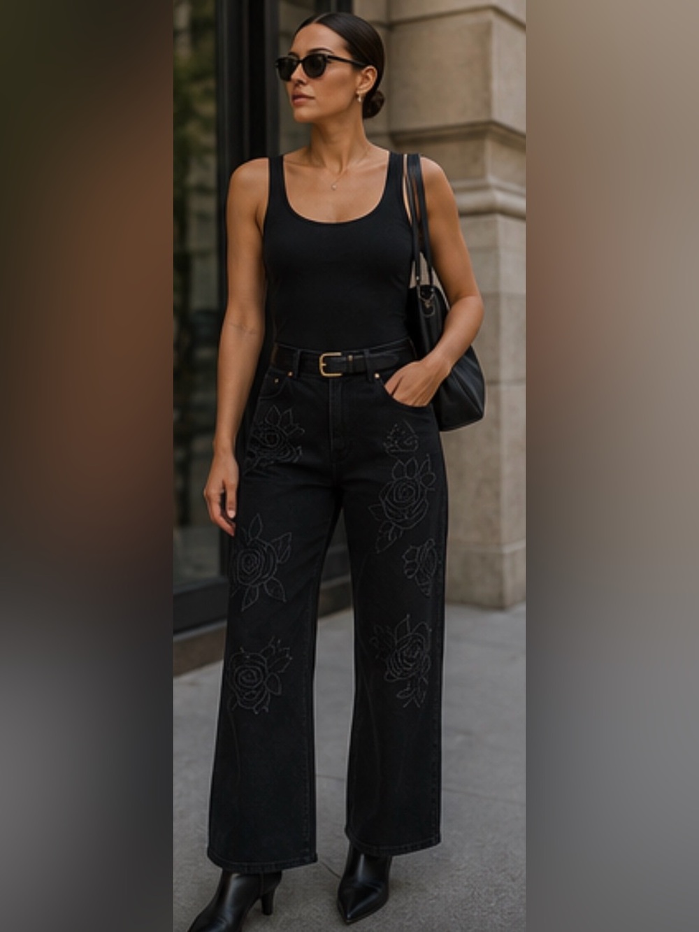 Embroidered Black Wide-Leg Jeans — High-Rise Flare